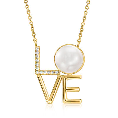 11-11.5mm Cultured Pearl and .18 ct. t.w. Diamond "Love" Necklace in 18kt Gold Over Sterling