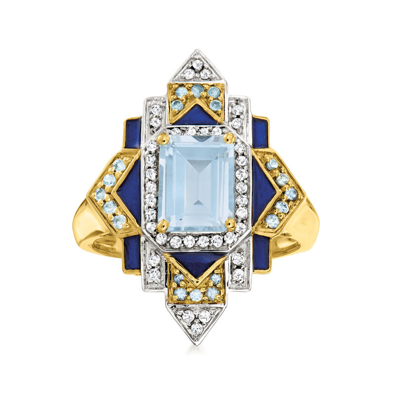 2.10 ct. t.w. London Blue, Sky Blue and White Topaz Ring with Blue Enamel in 18kt Gold Over Sterling image number 0