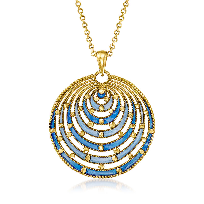 Italian Blue Enamel Circle Pendant Necklace in 18kt Gold Over Sterling. 18&quot; image number 1