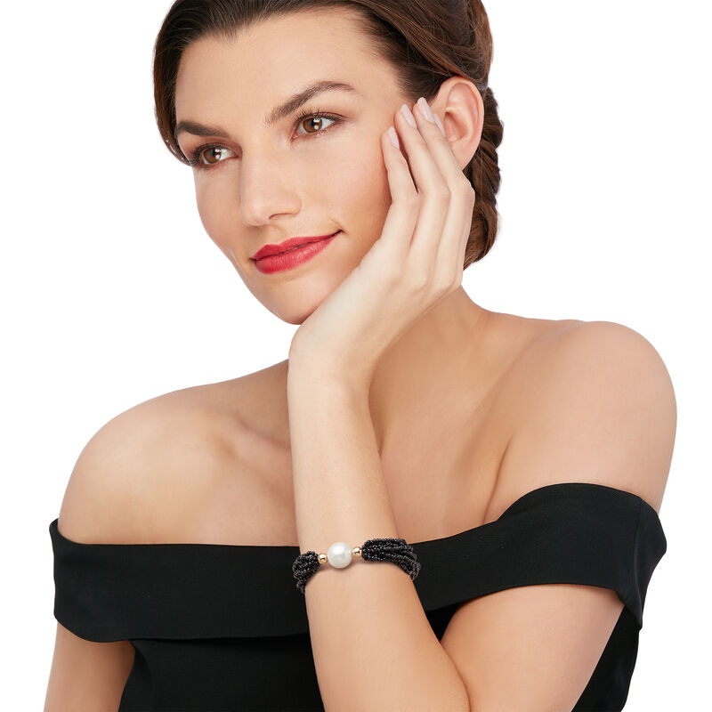 13-14mm Cultured Pearl and 75.00 ct. t.w. Black Spinel Bead Bracelet in 14kt Yellow Gold image number 1