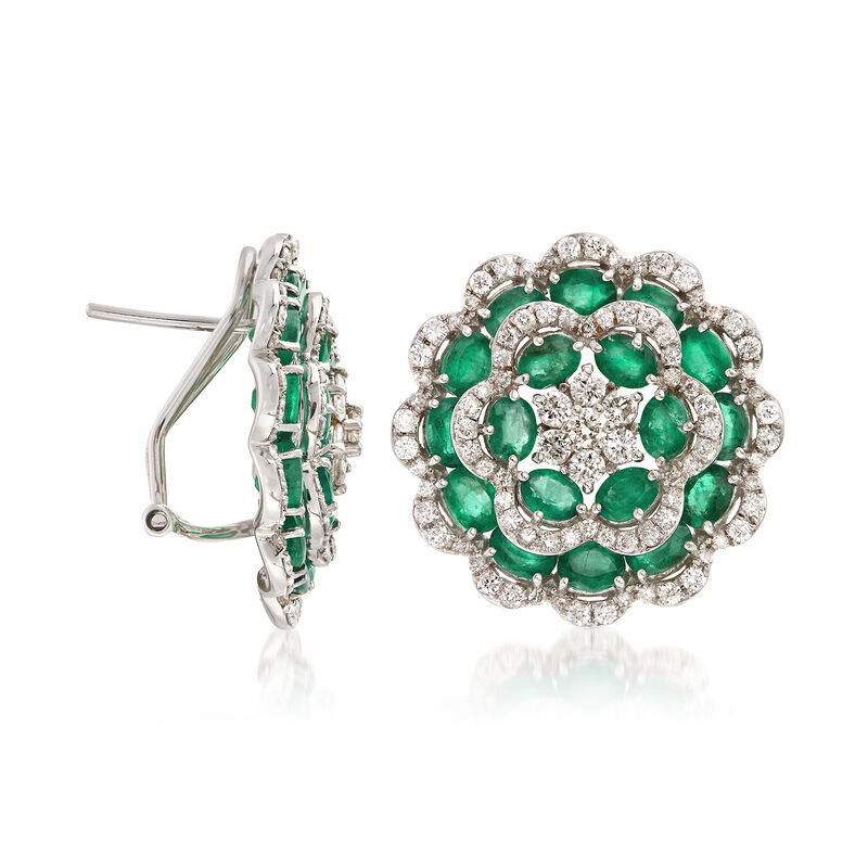 6.20 ct. t.w. Emerald and 1.90 ct. t.w. Diamond Flower Earrings in 18kt White Gold image number 2