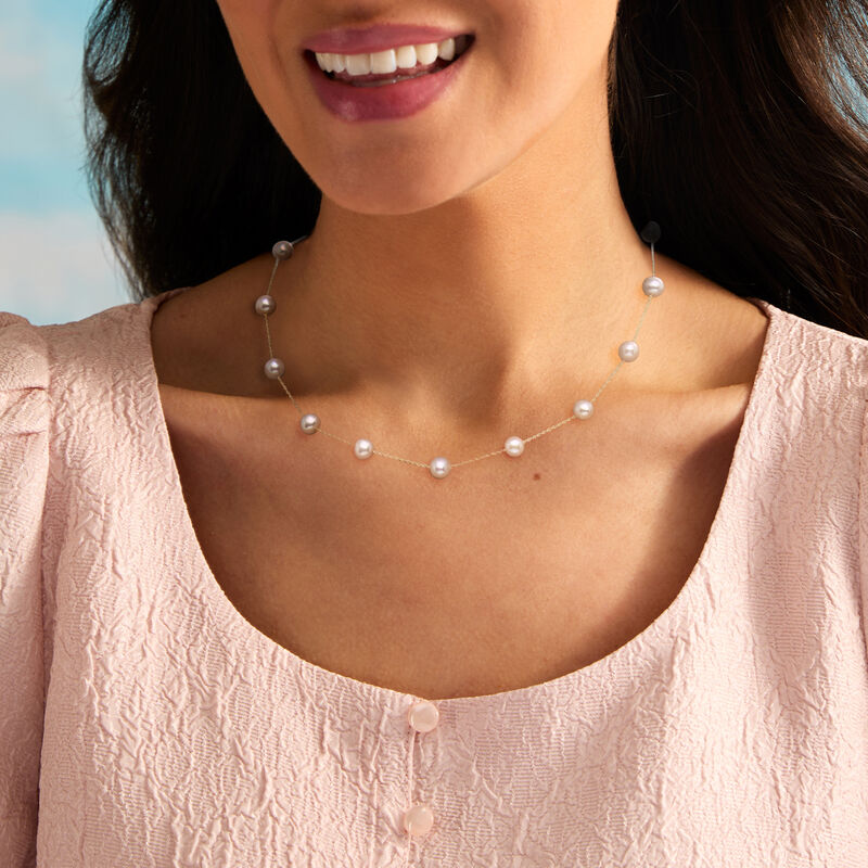 6-6.5mm Pink Cultured Pearl Station Necklace in 14kt Yellow Gold image number 1