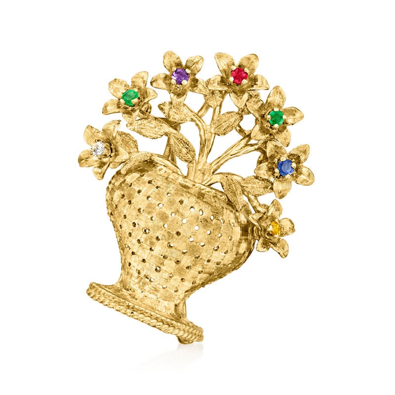 C. 1980 Vintage .43 ct. t.w. Multi-Gemstone Flower Vase Pin with Single Diamond in 18kt Yellow Gold image number 0