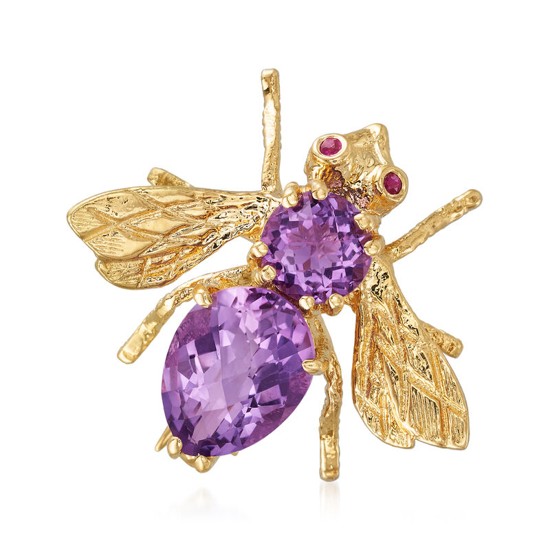 C. 1980 Vintage 2.60 ct. t.w. Amethyst Bee Pin with Ruby Accents in 18kt Yellow Gold image number 0