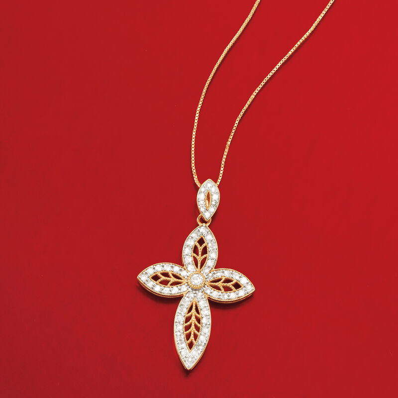 .63 ct. t.w. Diamond Marquise-Shaped Cross Pendant Necklace in 14kt Yellow Gold image number 2