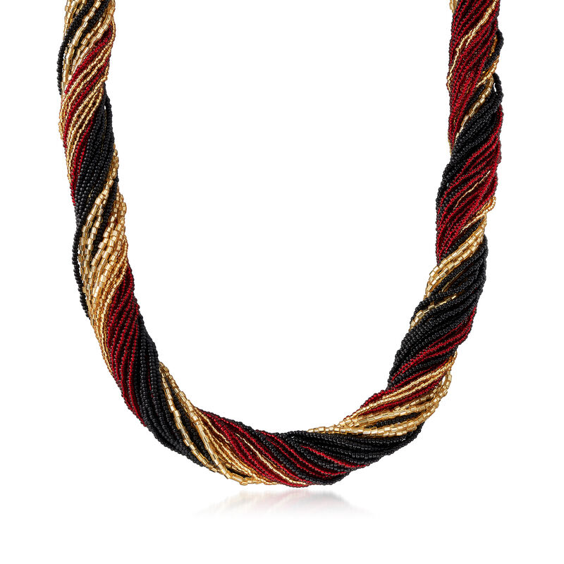 Italian Red, Black and Golden Murano Glass Bead Torsade Necklace with 18kt Gold Over Sterling image number 0