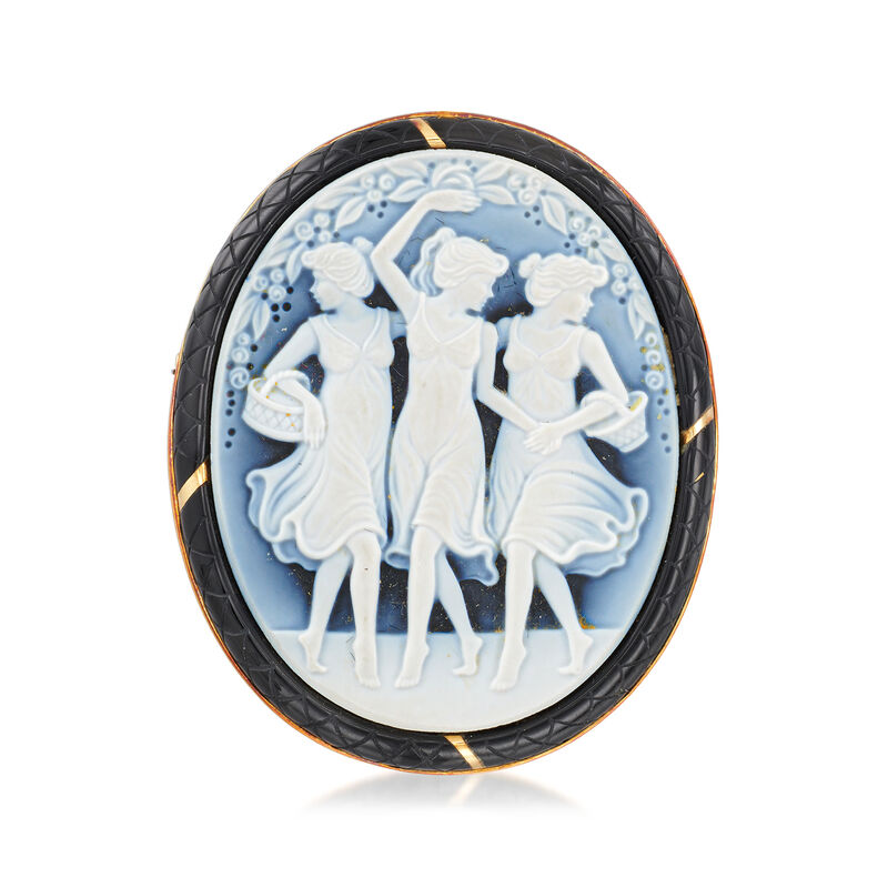 C. 1950 Vintage Blue Agate and Onyx the Three Graces Cameo Pin/Pendant in 18kt Yellow Gold image number 3
