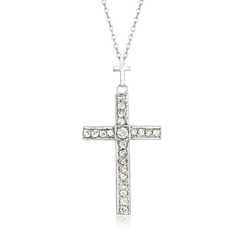 C. 1950 Vintage 1.00 ct. t.w. Diamond Cross Pendant Necklace in Platinum and 14kt White Gold image number 0