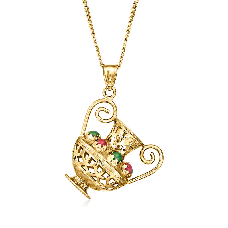 C. 1990 Vintage Carnelian and Green Chalcedony Vase Pendant Necklace in 14kt and 18kt Yellow Gold. 25&quot; image number 0