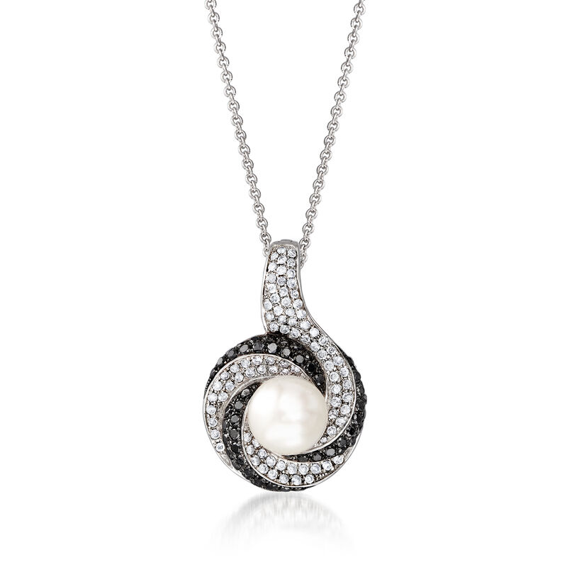 C. 1990 Vintage Cultured Pearl and .90 ct. t.w. Black and White Diamond Pendant Necklace in 14kt White Gold. 16&quot; image number 0
