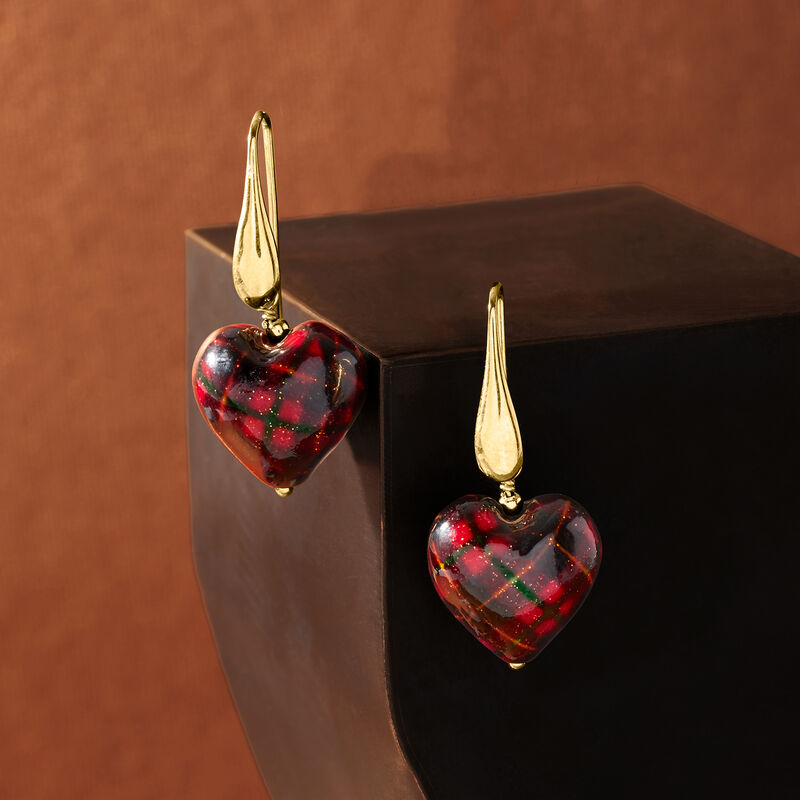 Italian Murano Glass Tartan Heart Drop Earrings in 18kt Gold Over Sterling image number 3