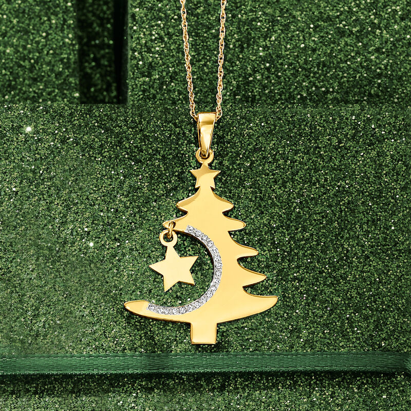 14kt Yellow Gold Cut-Out Christmas Tree Pendant Necklace with Diamond Accents image number 2