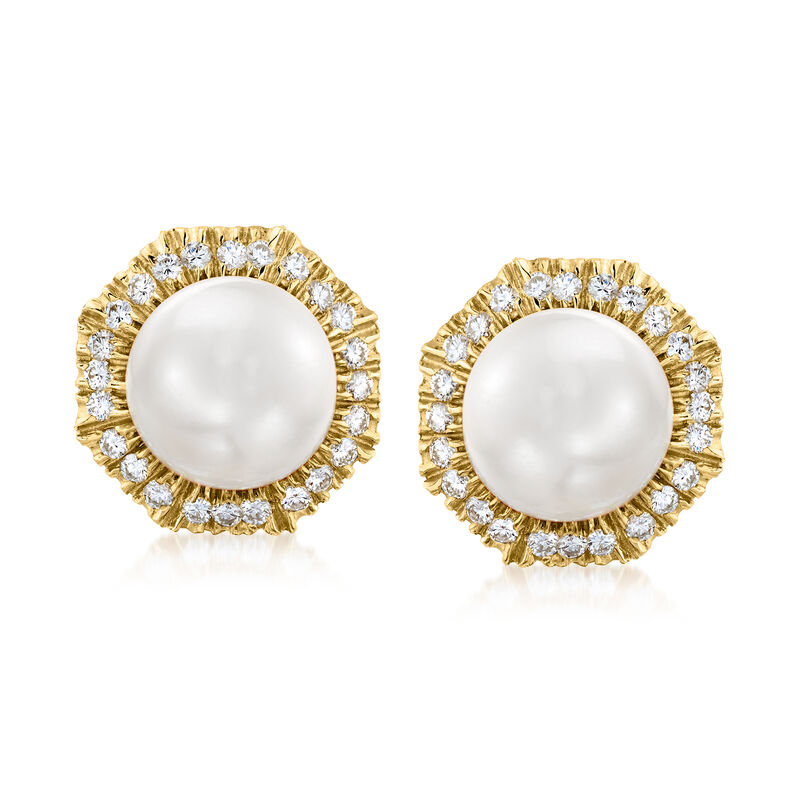 C. 1980 Vintage 13mm Cultured Mabe Pearl Earrings with 1.20 ct. t.w. Diamonds in 14kt Yellow Gold image number 0