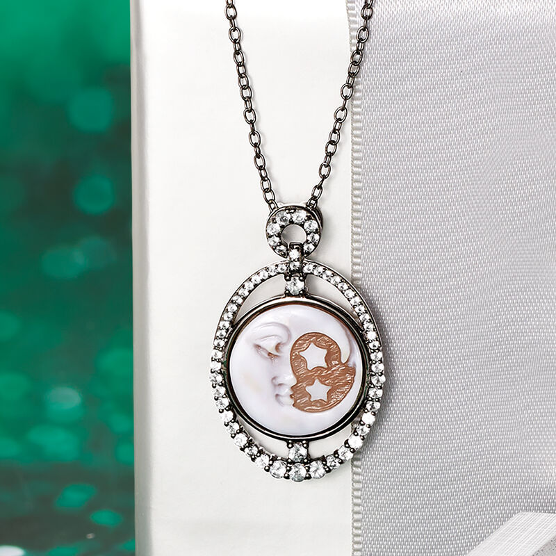 Shell and 1.20 ct. t.w. White Topaz Moon and Stars Cameo Pendant Necklace in Sterling Silver image number 2
