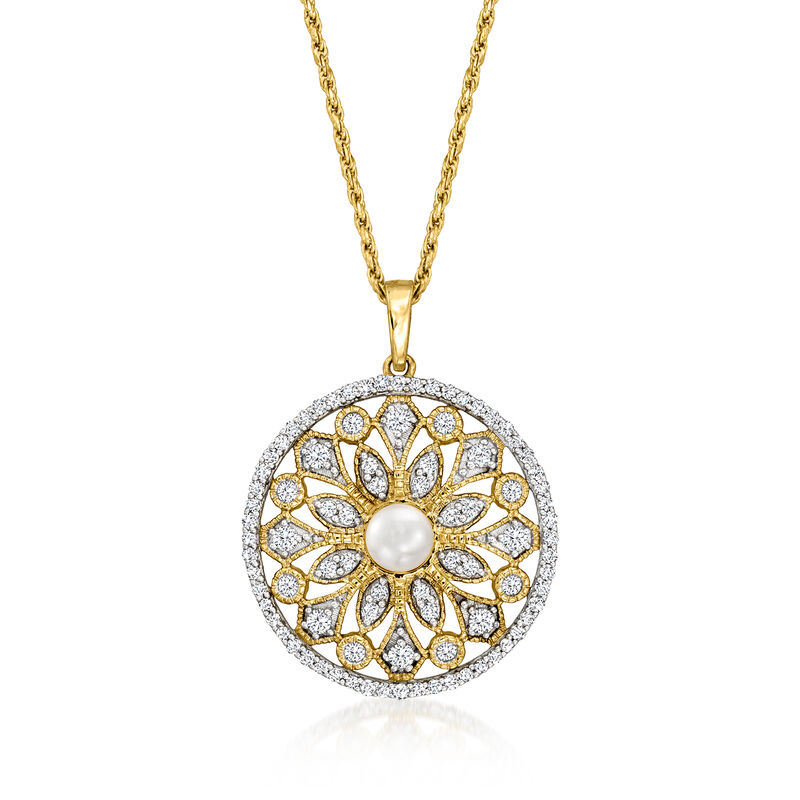 4-4.5mm Cultured Pearl and .62 ct. t.w. Diamond Circle Pendant in 14kt Yellow Gold image number 0