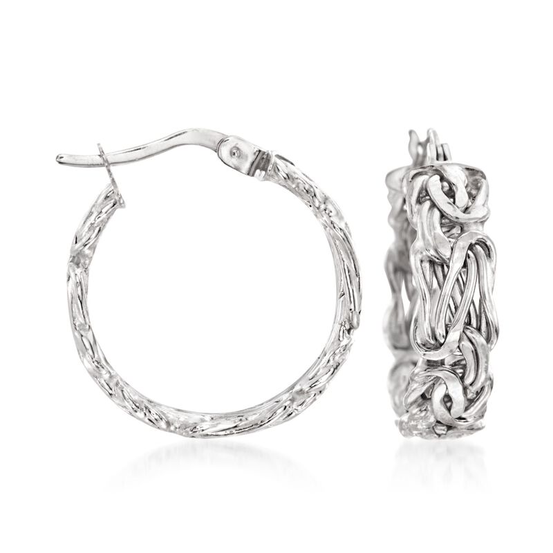 14kt White Gold Flat Byzantine Hoop Earrings. 3/4&quot; image number 0