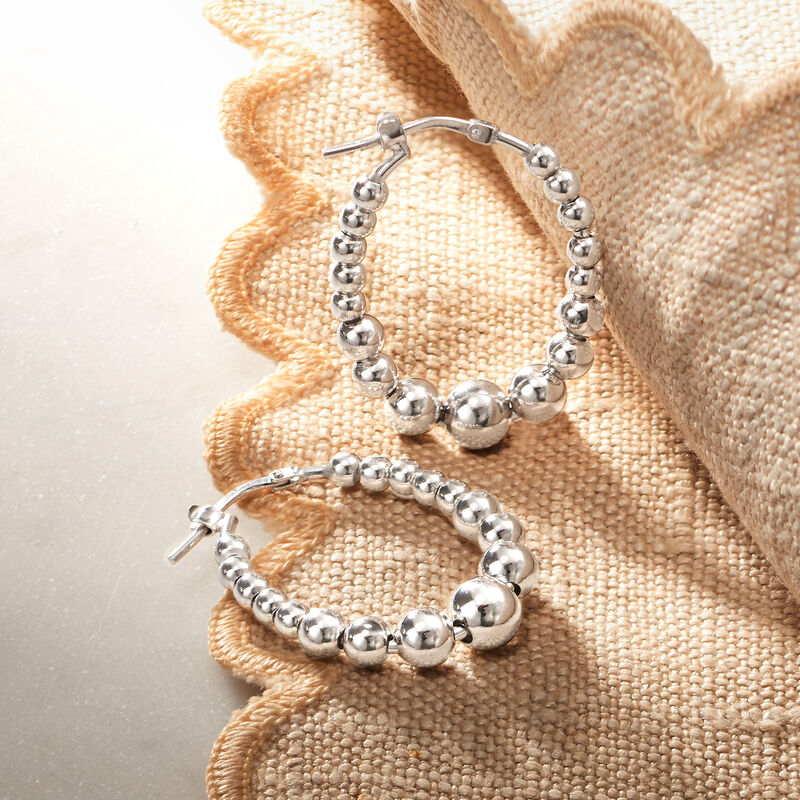 Italian 3-6mm Sterling Silver Bead Oval Hoop Earrings. 1 1/8&quot; image number 2