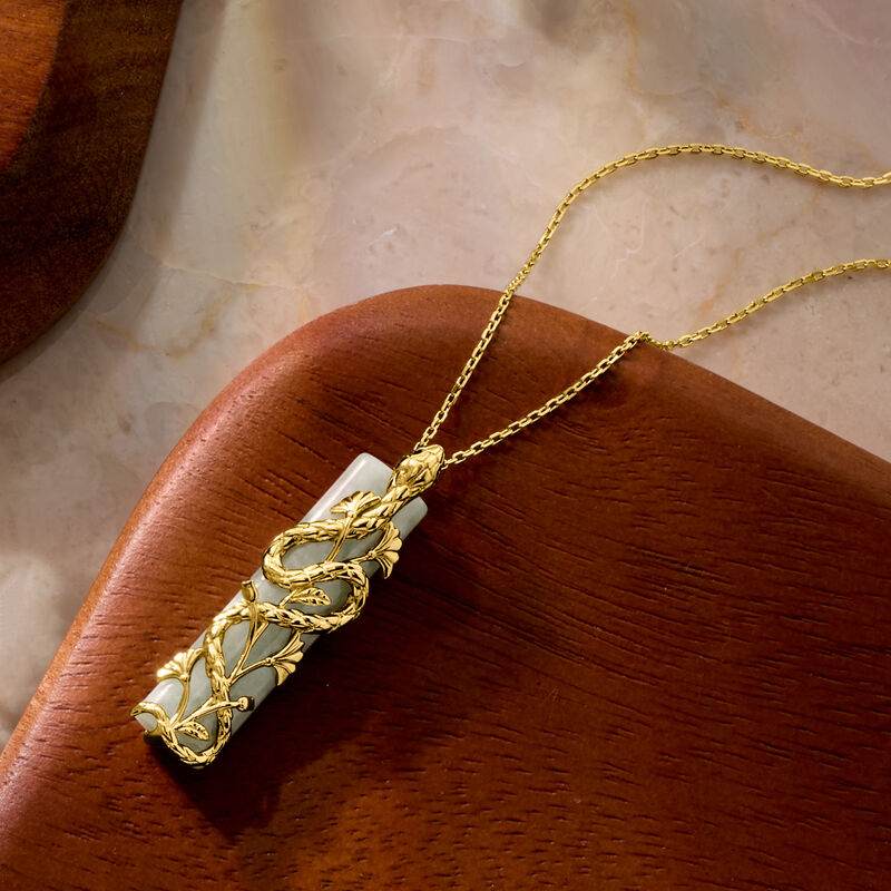 Jade Snake Pendant Necklace with Sapphires in 18kt Gold Over Sterling. 18&quot; image number 2