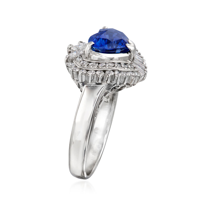 C. 1990 Vintage 2.62 Carat Sapphire and .71 ct. t.w. Diamond Heart Ring in Platinum image number 2