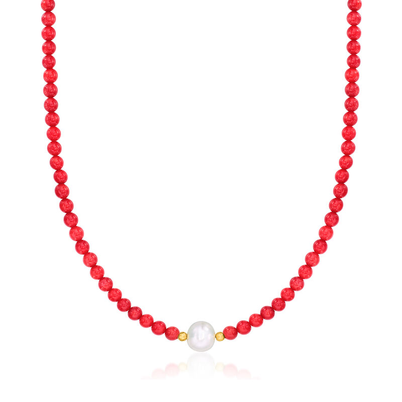 8.5-9.5mm Cultured Pearl and 4-4.5mm Red Coral Bead Necklace with 18kt Gold Over Sterling image number 0
