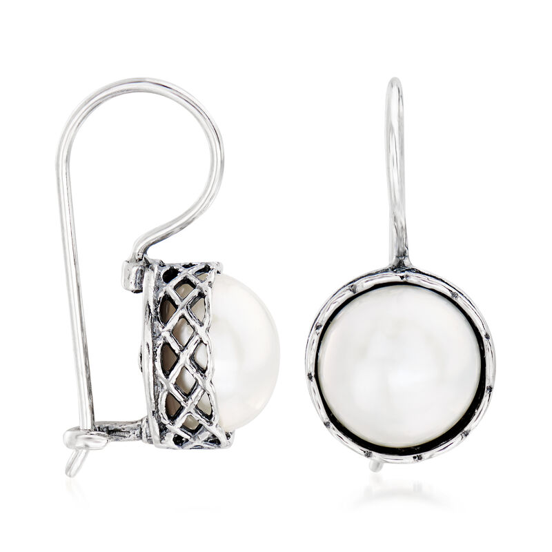 10mm Cultured Pearl Basketweave Drop Earrings in Sterling Silver image number 2