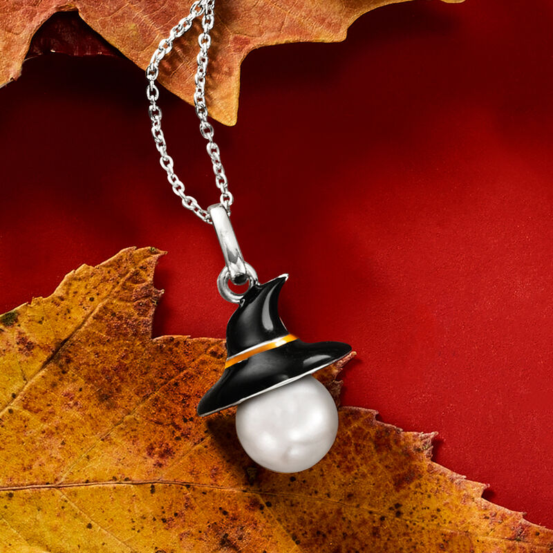 9-9.5mm Cultured Pearl and Multicolored Enamel Witch Hat Pendant Necklace in Sterling Silver image number 3