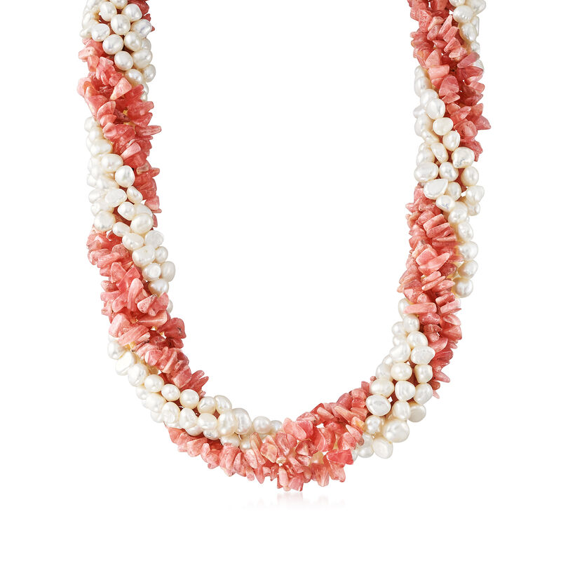 5-6mm Cultured Pearl and 3-8mm Rhodochrosite Torsade Necklace in Sterling Silver image number 0