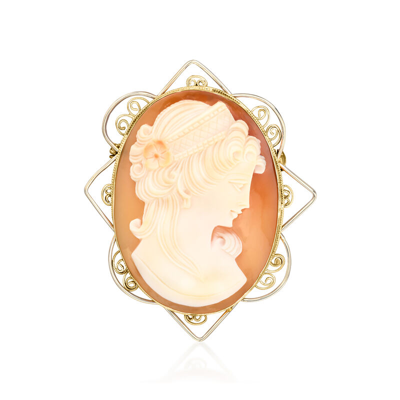 C. 1960 Vintage Brown Shell Cameo Pin/Pendant in 10kt Two-Tone Gold  image number 3