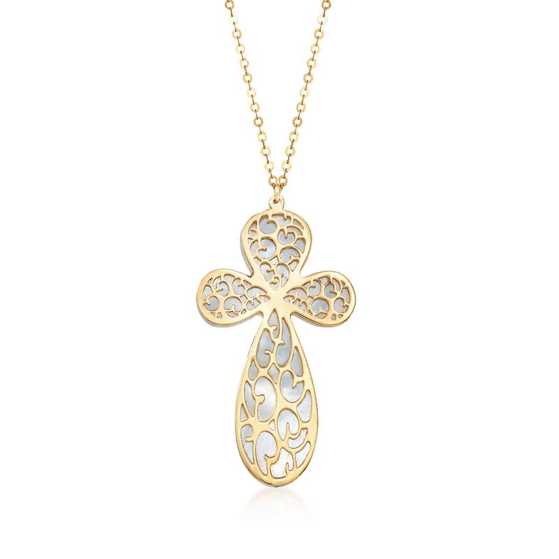 Italian Mother-Of-Pearl Filigreed Cross Drop Necklace in 14kt Yellow Gold. 18&quot; image number 1