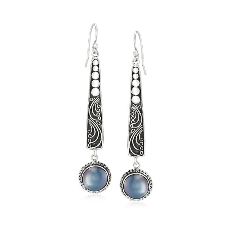 10mm Black Cultured Mabe Pearl Bali-Style Drop Earrings in Sterling Silver image number 0
