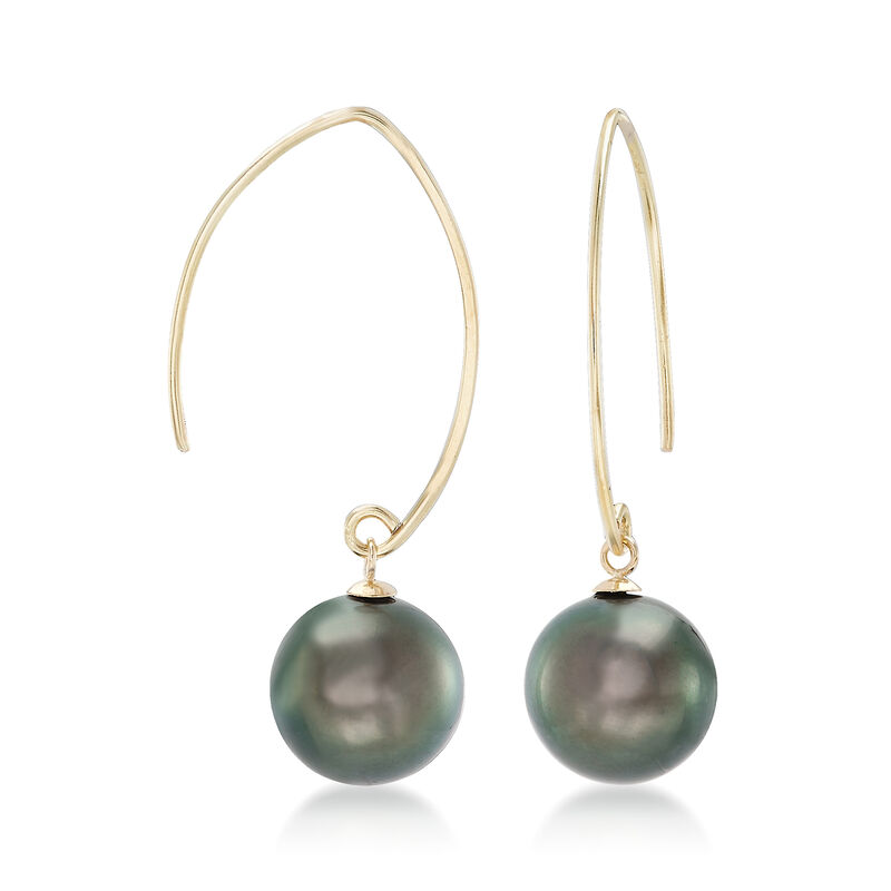 11mm Black Cultured Pearl Tahitian Pearl Drop Earrings in 14kt Yellow Gold image number 2