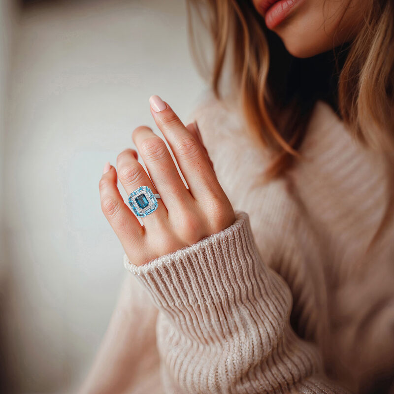 4.50 ct. t.w. London and Swiss Blue Topaz Ring with .21 ct. t.w. Lab-Grown Diamonds in Sterling Silver image number 1