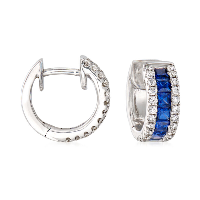 .70 ct. t.w. Sapphire and .33 ct. t.w. Diamond Huggie Hoop Earrings in 18kt White Gold. 3/8&quot; image number 0