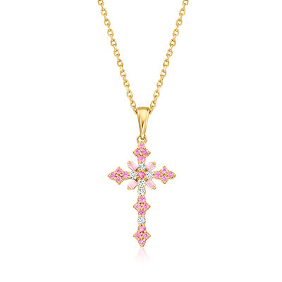 .29 ct. t.w. Pink Sapphire Cross Pendant Necklace with Diamonds in 18kt Gold Over Sterling