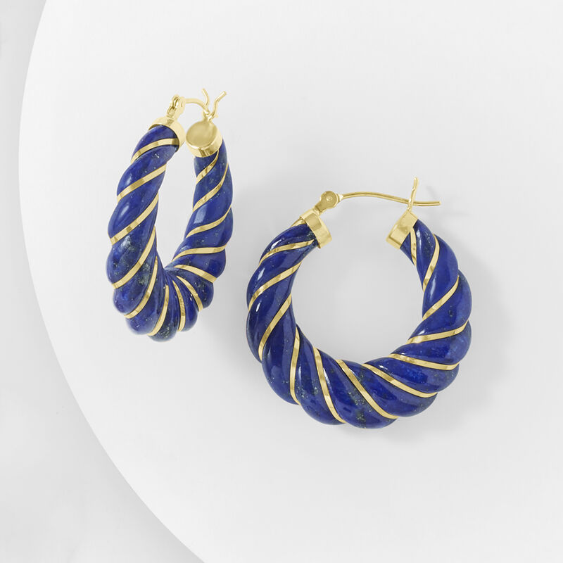 Carved Lapis Hoop Earrings with 14kt Yellow Gold. 1 1/8&quot; image number 3