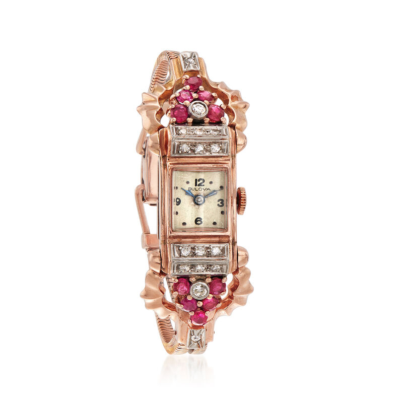 C. 1940 Vintage Bulova Women's 1.20 ct. t.w. Ruby and .50 ct. t.w. Diamond 13mm Watch in 14kt Rose Gold. Size 6 image number 0