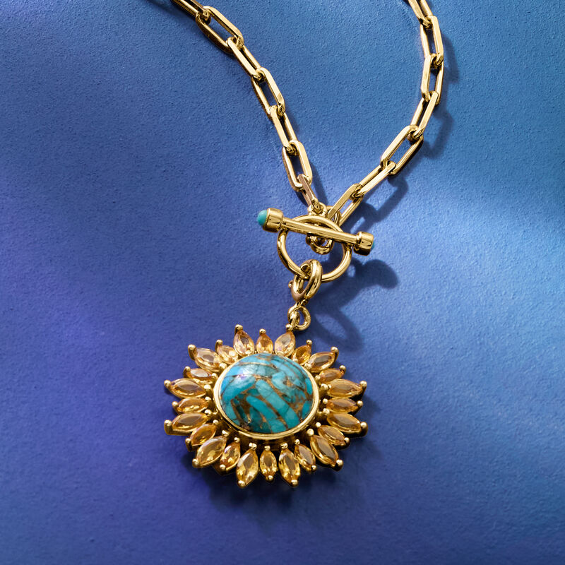 Turquoise and 2.50 ct. t.w. Citrine Sunflower Toggle Necklace in 18kt Gold Over Sterling. 18" image number 4
