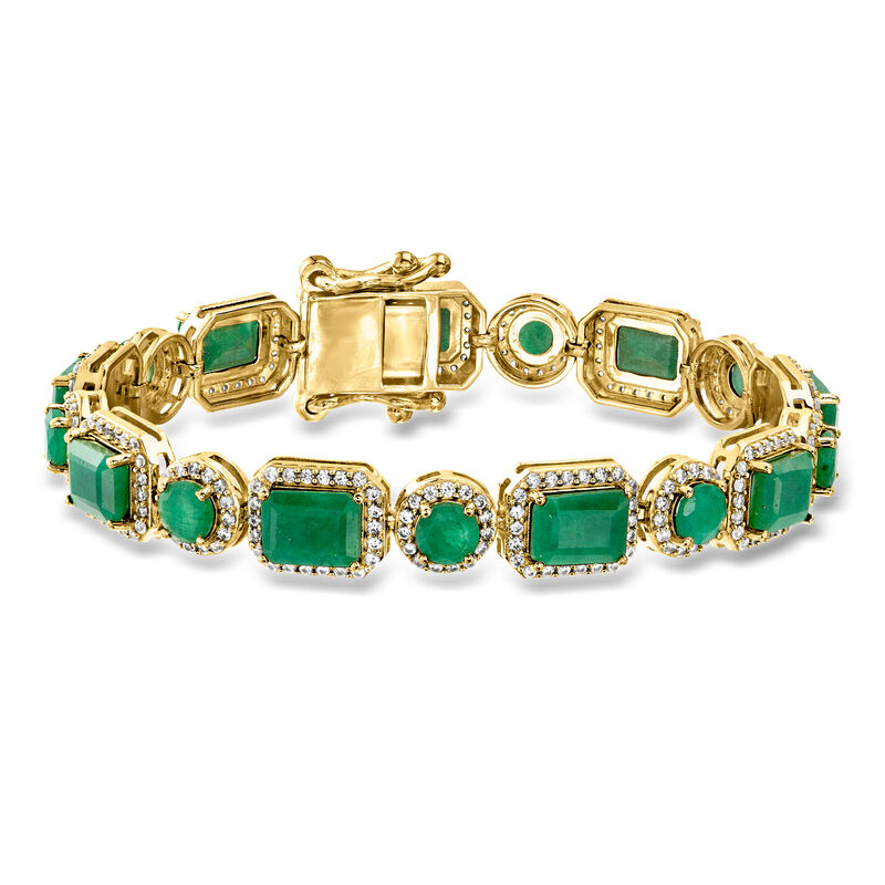 17.60 ct. t.w. Emerald Bracelet with 3.10 ct. t.w. White Zircons in 18kt Gold Over Sterling image number 0