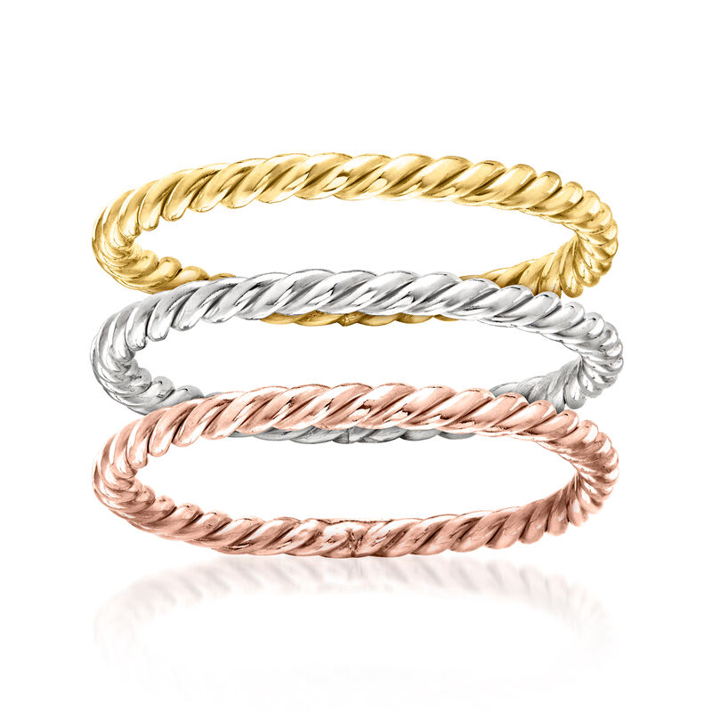 Sterling Silver and 18kt Two-Tone Gold Over Sterling Jewelry Set: Three Roped Rings image number 0