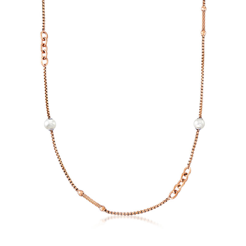 ALOR &quot;Chain Reaction&quot; Cultured Pearl Rose-Hued Stainless Steel Necklace. 36&quot; image number 0