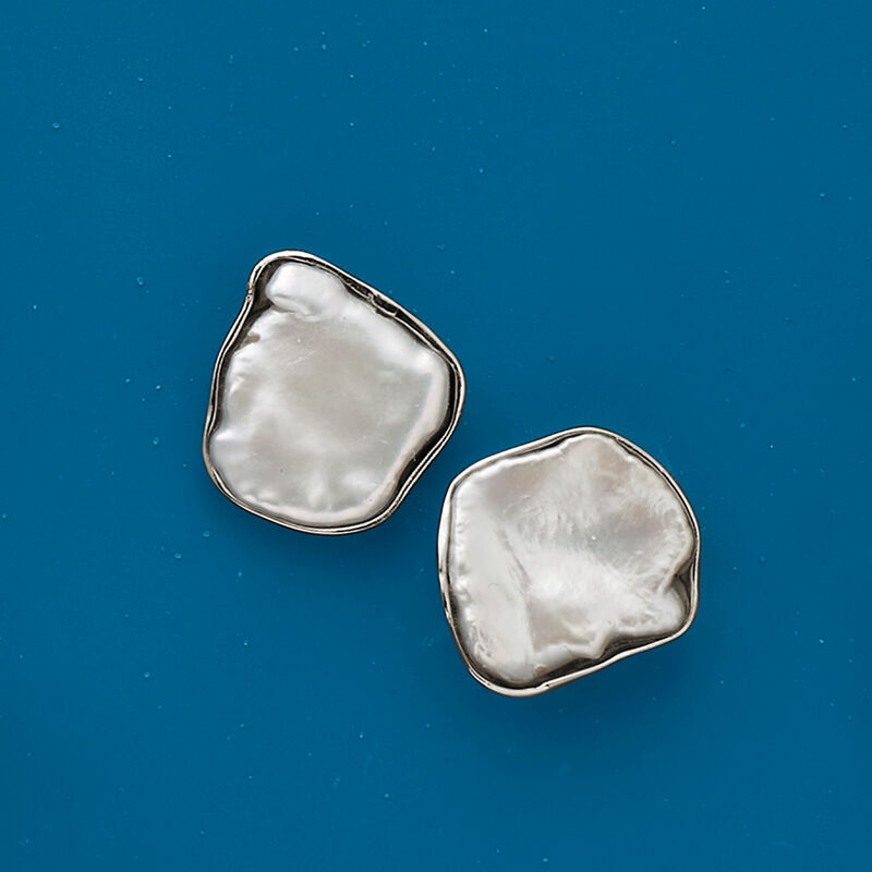 13-14mm Bezel-Set Cultured Keshi Pearl Earrings in Sterling Silver image number 5