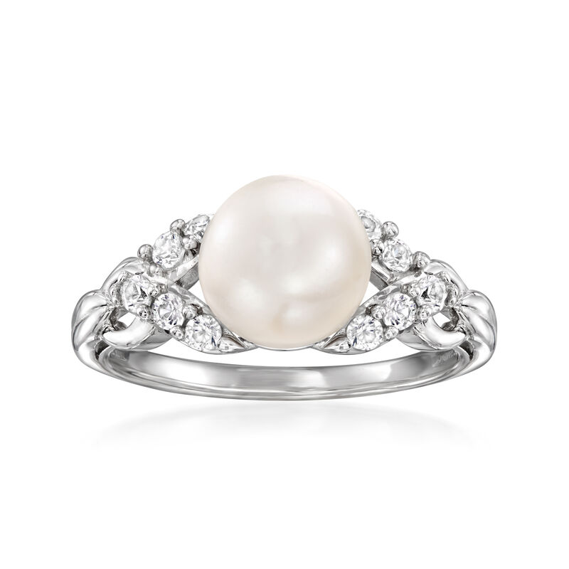 8-8.5mm Cultured Pearl and .40 ct. t.w. White Topaz Jewelry Set: Pendant Necklace and Ring in Sterling Silver image number 3