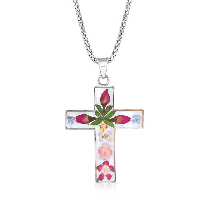 Dried Flower Cross Pendant Necklace in Sterling Silver. 18&quot; image number 1