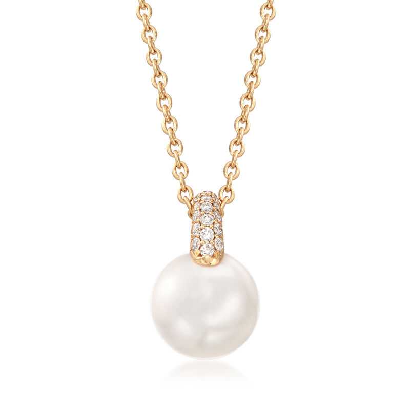 Mikimoto &quot;Classic&quot; 8.5mm A+ Akoya Pearl and .14 ct. t.w. Diamond Necklace in 18kt Gold. 16&quot; image number 1