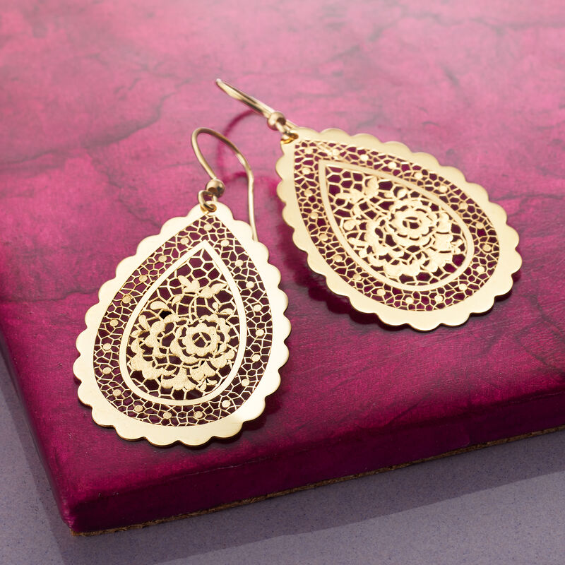 Italian 18kt Yellow Gold Floral Openwork Teardrop Earrings  image number 2