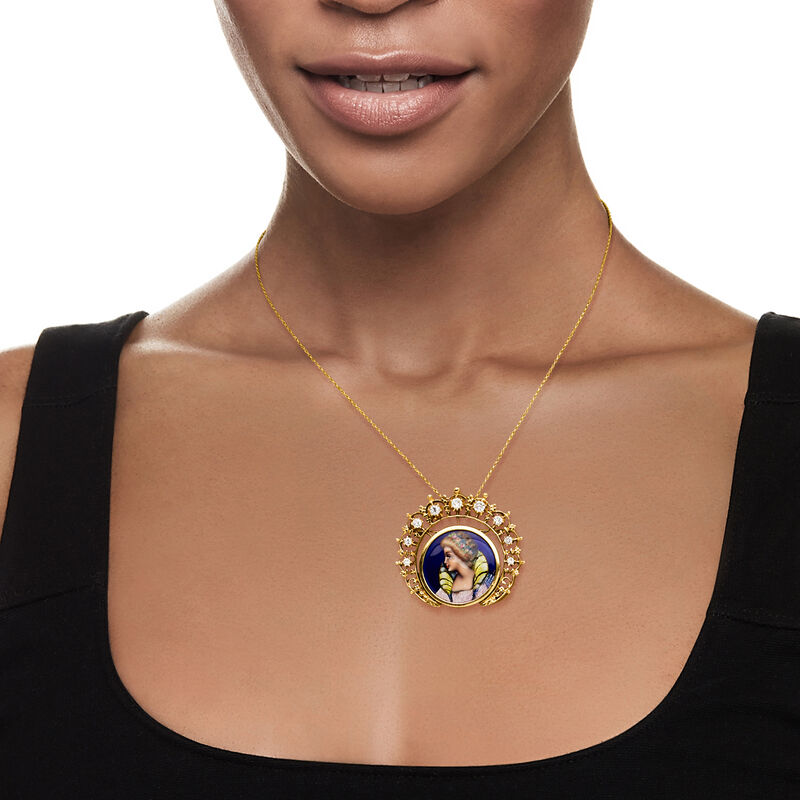 C. 1970 Vintage 1.00 ct. t.w. Diamond Painted Portrait Pin/Pendant with Enamel in 14kt Yellow Gold  image number 1