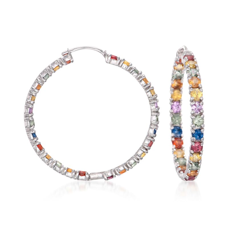 6.20 ct. t.w. Multicolored Sapphire Inside-Outside Hoop Earrings in Sterling Silver. 1 3/8&quot; image number 0