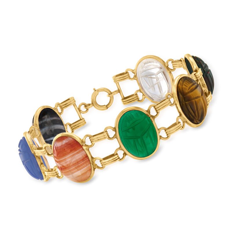 C. 1960 Vintage Multi-Gemstone Scarab Bracelet in 14kt Yellow Gold image number 0