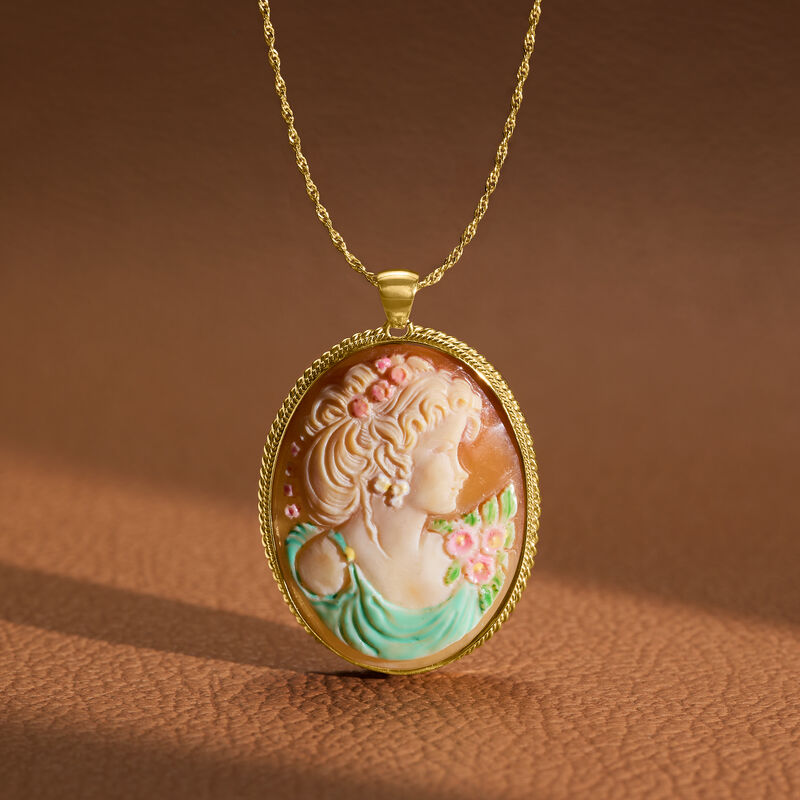 Italian Orange Shell Cameo Pendant Necklace with Multicolored Enamel in 18kt Gold Over Sterling image number 2