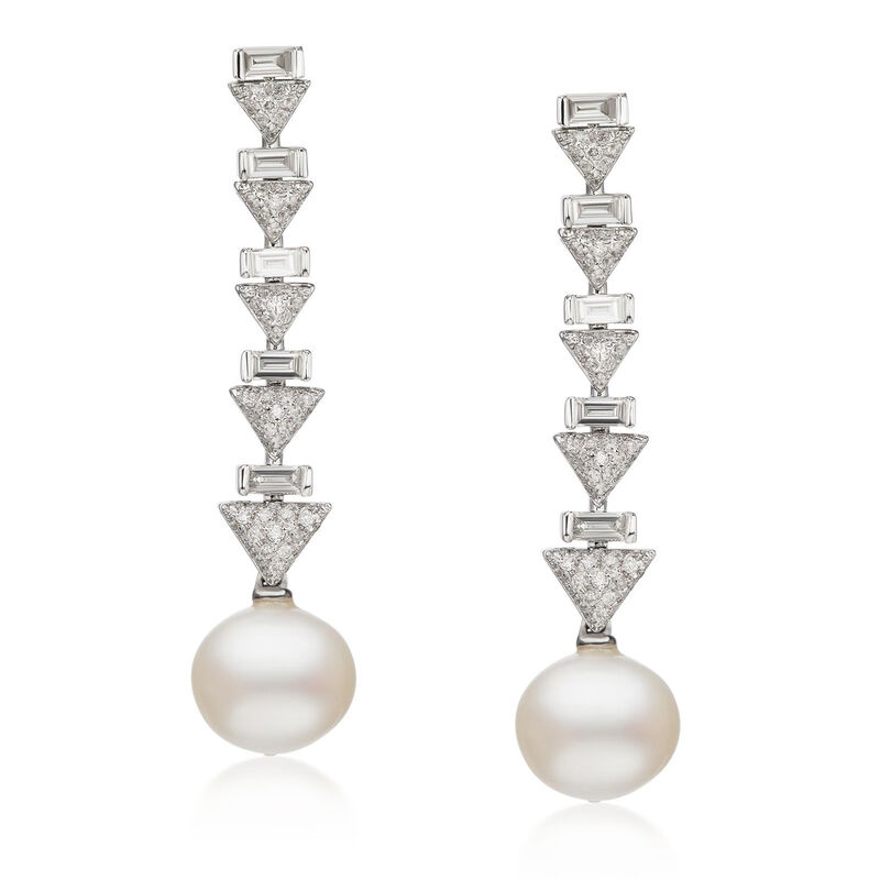 Cultured Pearl and .95 ct. t.w. Baguette and Round Diamond Drop Earrings in 18kt White Gold image number 0